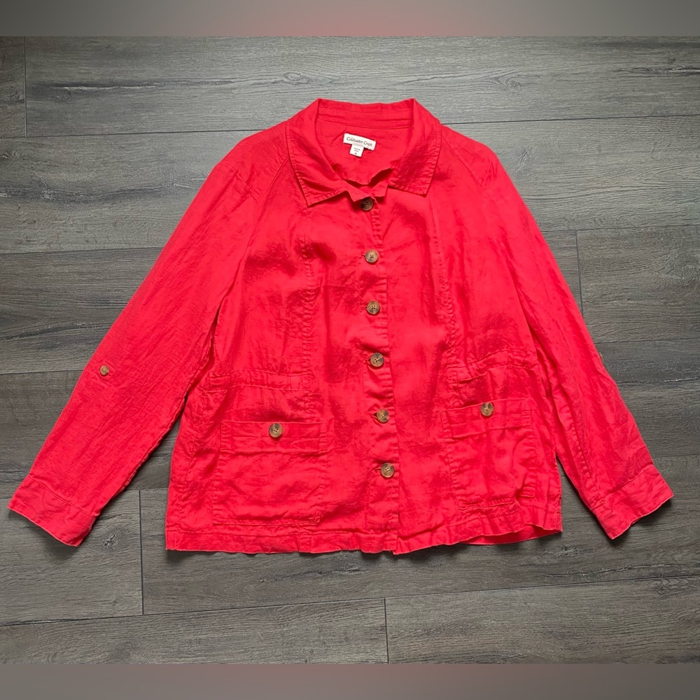 Coldwater Creek Womens Red Linen Shacket Roll Tab Sleeves Button Front Size 18